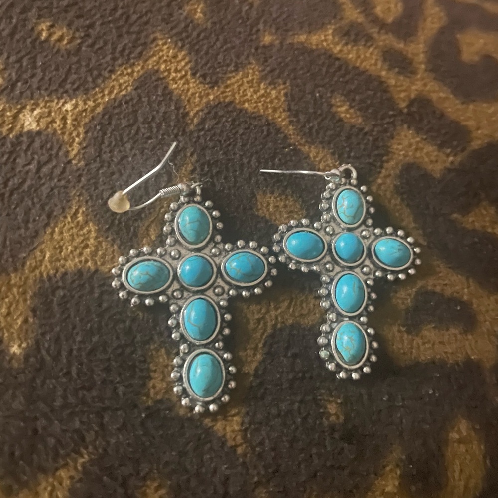 New Blue and Silver Cross Dangle Earrings with Turquoise Accents